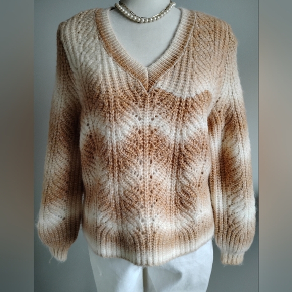 LOFT Wool Blend Chunky V-Neck Tawny Tan Carmel Cream Stripe Sweater Size… - Picture 3 of 15